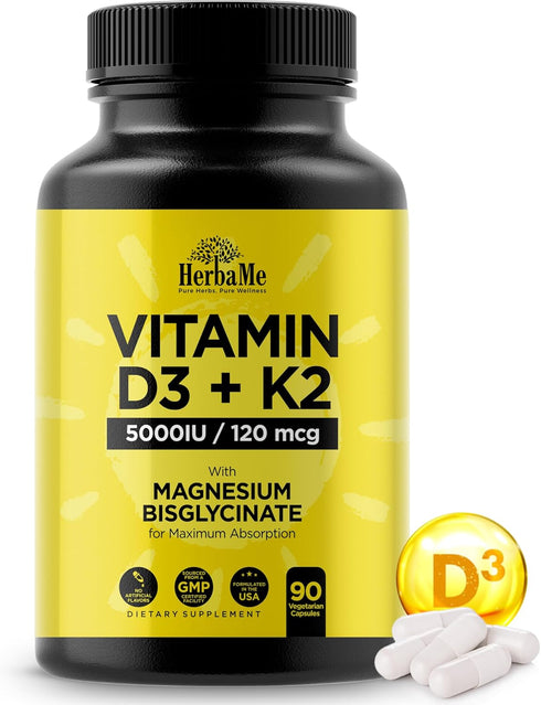 Vitamin D3 5000 IU + K2 with Magnesium Bisglycinate, 90 Capsules, Immune Support, Promotes Heart & Bone Health