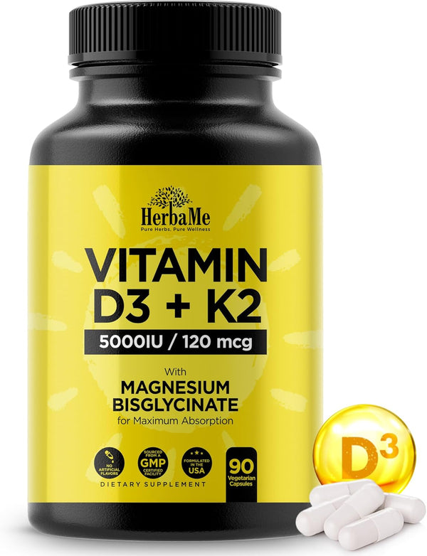 Vitamin D3 5000 IU + K2 with Magnesium Bisglycinate, 90 Capsules, Immune Support, Promotes Heart & Bone Health