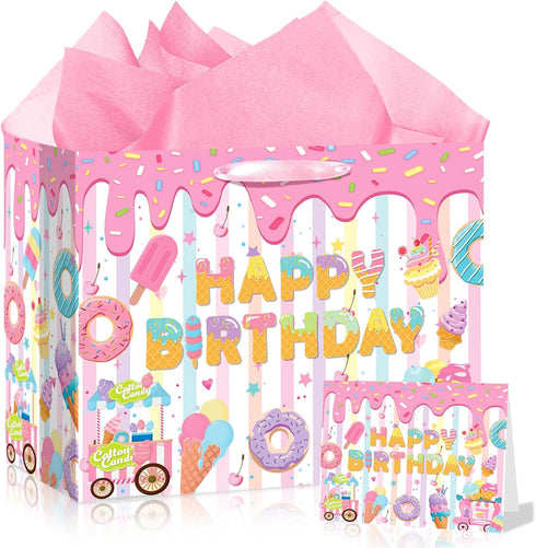 Ice Cream Birthday Gift Bag with Tissue Paper and Greeting Card,White Pink
