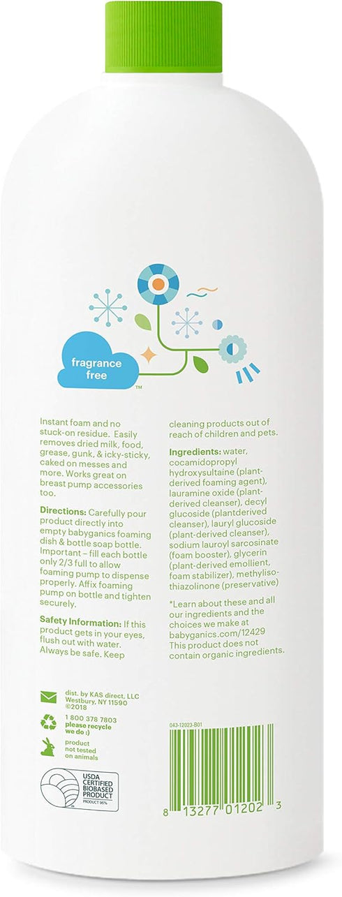 Babyganics Foaming Dish & Bottle Soap Refill, 32 Fl Oz Fragrance Free, Plant-Derived Cleaning Power (Pack of 2)