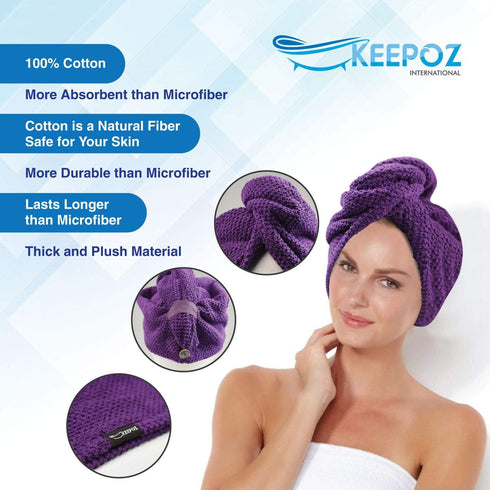 KEEPOZ Hair Towel Wrap - Quick Dry 100% Cotton Super Absorbent Turban Head Wrap for Women (Purple Check, 2 Pcs)