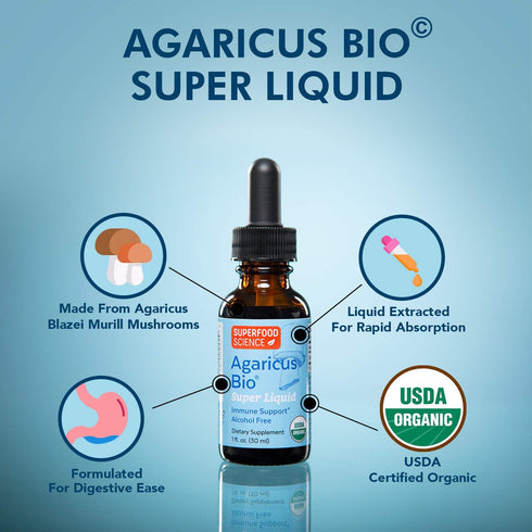Immune 30 ml Agaricus Bio Super Liquid, Organic Blazei Mushroom Extract Tincture, Fruiting Body Beta-Glucan Drops