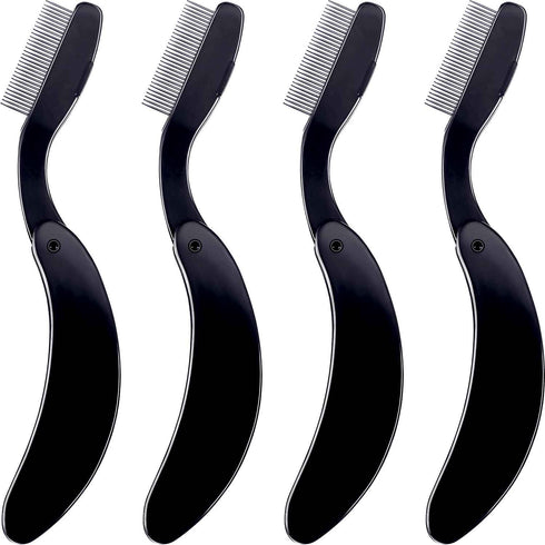 TecUnite 4 Packs Folding Eyelash Comb, Stainless Steel Teeth Eyebrow Comb and Lash Brush (Black)