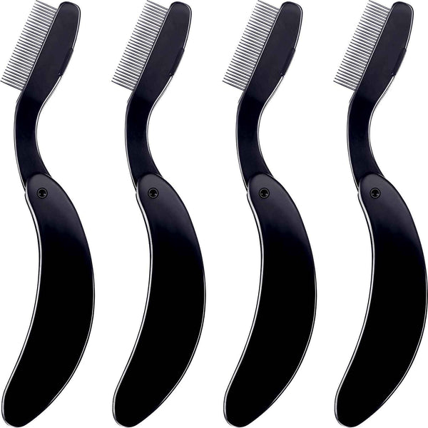 TecUnite 4 Packs Folding Eyelash Comb, Stainless Steel Teeth Eyebrow Comb and Lash Brush (Black)