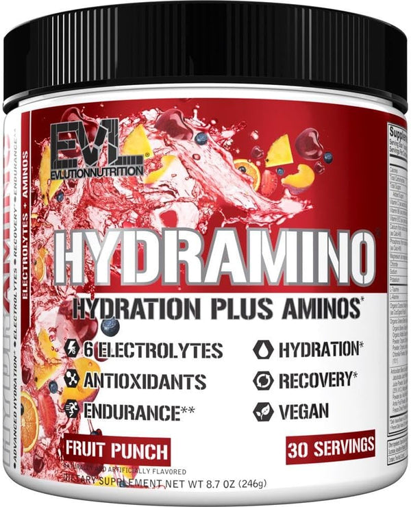 Evlution Nutrition HYDRAMINO Complete Hydration Multiplier, 30 Serve Fruit Punch with Electrolytes and Aminos
