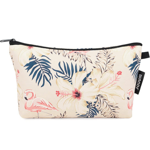 WANDF Cosmetic Bag for Women, Mini Makeup Organizer Pouch, Water Resistant, Girls Gift (Beige Flamingo)