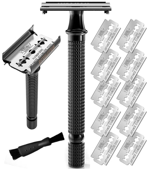 SHAVING REVOLUTION Long Handle Double Edge Safety Razor - Butterfly Open Razor with 10 Blades