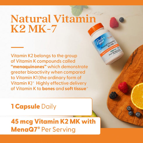 K2 MK7 45 K-2 MK-7 MenaQ7, 180 Doctor's Best Natural Vitamin Supplement for Men & Women - Bone Health Support, mcg