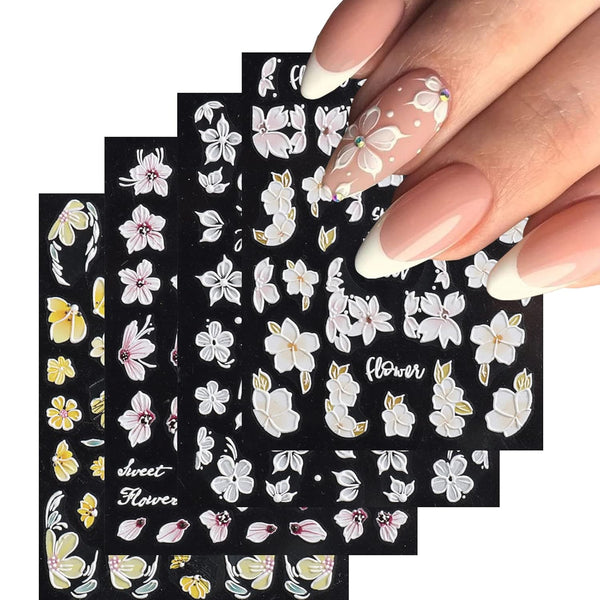 Flower Nail Art Stickers Decals - 5D Embossed Spring Design in Yellow, Pink, and White for Nail Decorations