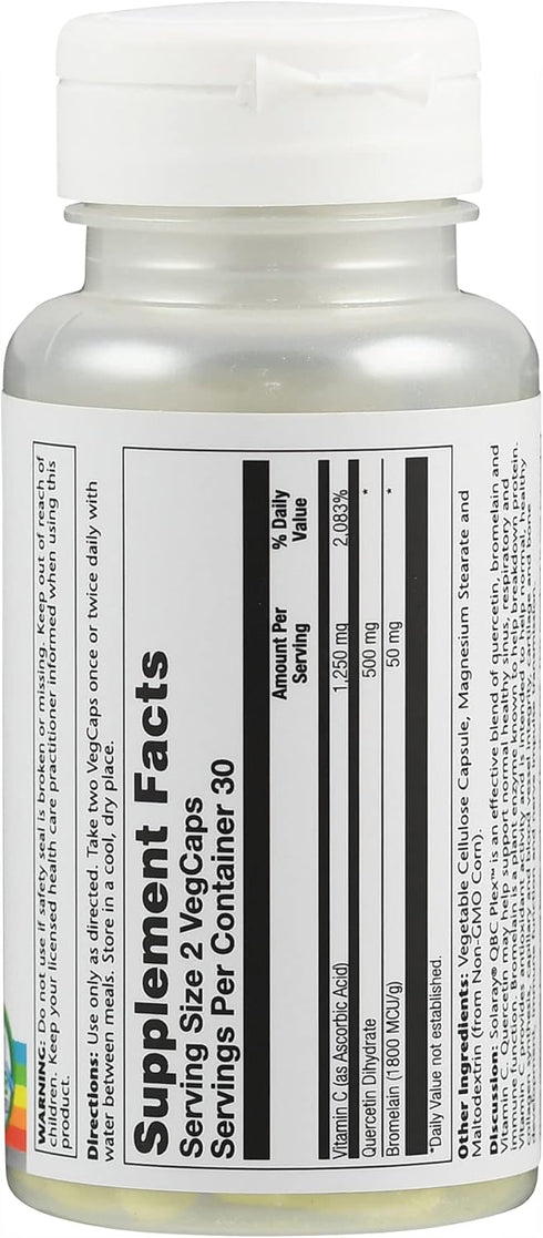 SOLARAY Quercetin Bromelain & Vitamin C, Immune System, Sinus, Respiratory & Antioxidant Activity Support, Vegan, 500mg of Quercetin & 1,235mg of Vit C, 60 Count (60 CT, 20 Serv)