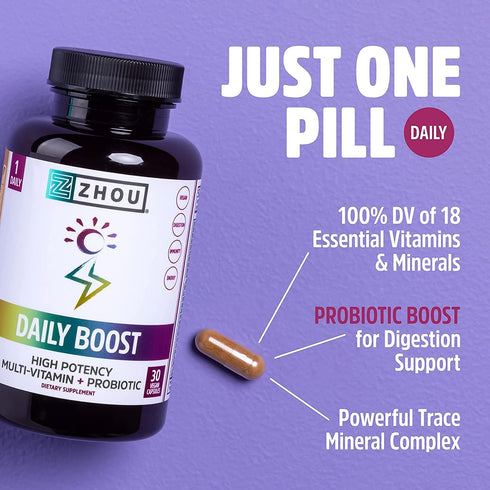 Zhou Nutrition Daily Boost Multivitamin with Probiotic, Zinc, Vitamin C, D3, B Complex - 60 servings