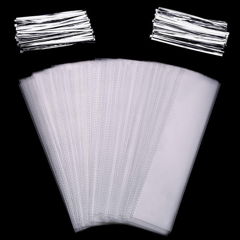 Pangda 200 Pcs Clear Pretzel Bags, 2 x 10 Inches with 200 Twist Ties for Chocolate Candies Cookies