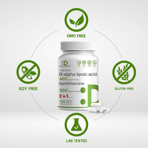 DEAL SUPPLEMENT R Alpha Lipoic Acid 600mg & Benfotiamine 300mg, 120 Veggie Capsules - Antioxidant Energy Support