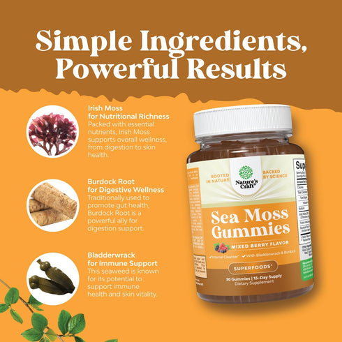 Sea Moss Gummies for Adults and Kids, 30ct | Vegan Immune Support with Burdock, Bladderwrack, and Sea Moss Gel