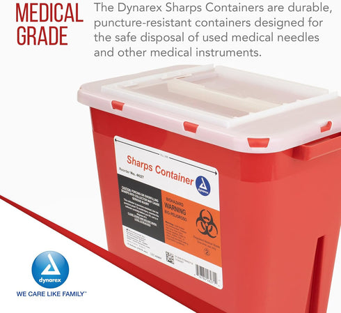 Dynarex Sharps Container, Safe Disposal of Medical Waste and Needles, 2 Gallons, Red with Transparent Lid