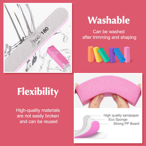 MORGLES Nail Files and Buffers Kit, 6 Pcs 100/180 Grit Files, Rectangular Buffer Blocks and 2 Brushes