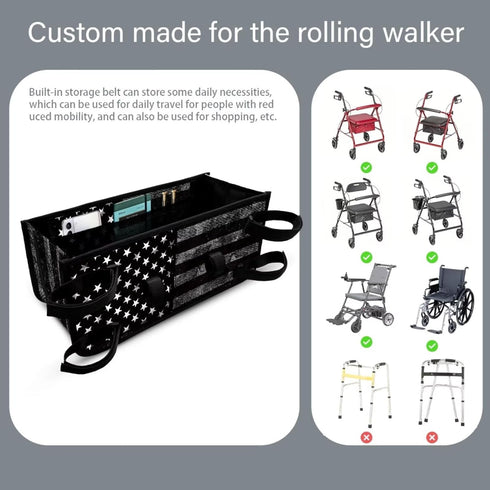 Hechitok American Flag Walker Bag, Handy Rollator Basket Water Cup Holder, Walker Accessories Storage Bag for Folding