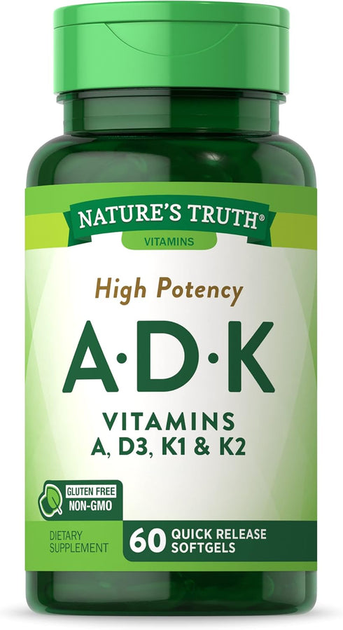 Nature's Truth Vitamin A D K Supplement, 60 Softgels, High Potency of A, D3, K1 & K2, Non-GMO, Gluten Free