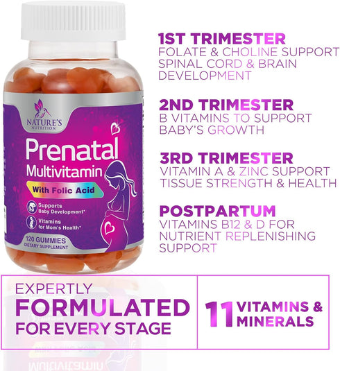 Prenatal Gummy Vitamins for Women - 120 Gummies, Prenatal Multivitamin with Folic Acid, Vitamin A, C, D3, B12 & B6