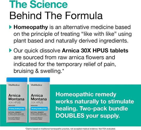 VitaMedica Arnica Montana 30X Homeopathic Tablets for Bruising Pain and Swelling | 2 Pack | 100 Servings