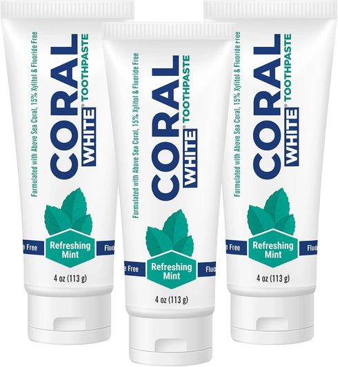 Coral White Mint Toothpaste, Natural Fluoride SLS Free, Coral Calcium Remineralizing, 4 Ounce (3 Pack)