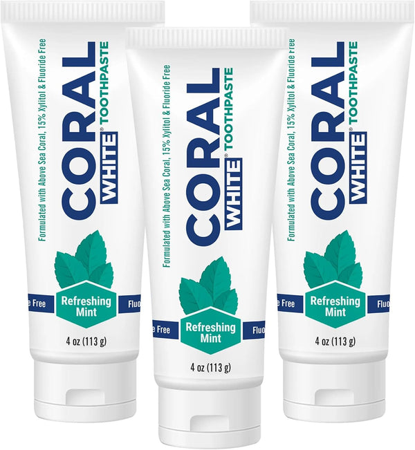 Coral White Mint Toothpaste, Natural Fluoride SLS Free, Coral Calcium Remineralizing, 4 Ounce (3 Pack)