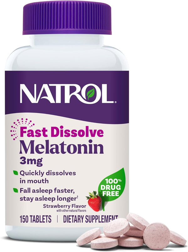 Natrol Fast Dissolve Melatonin 3 mg, 150 Strawberry-Flavored Tablets for Restful Sleep