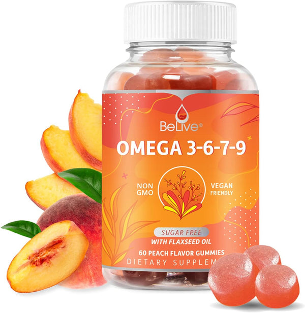 Organic Omega 3 Gummies with Omegas 6, 7, 9, DHA & EPA from Flaxseed Oil, Sugar-Free, Supports Brain & Heart (60 CT)