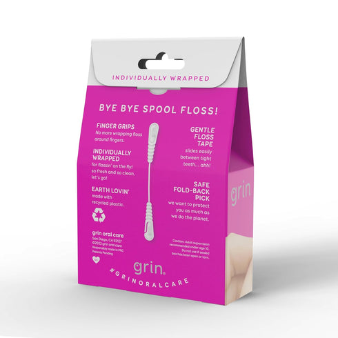GRIN Gripper Floss, Individually Wrapped Smooth Dental Floss, 60 Count, Minty Flavor, Recyclable Packaging, Gentle Floss Tape, Finger Grips with Safe Fold Back Pick, No Shredding or Breaking