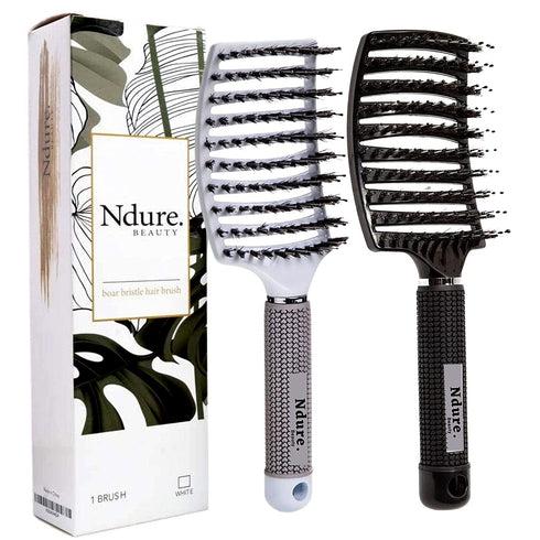 Vented Boar Bristle Detangling Brush, Single White Brush, Anti-Static, Wet or Dry Use, Fast Blow Drying (2 Pack)