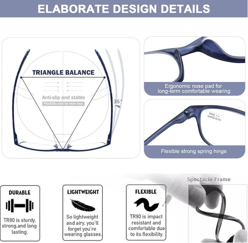 AQWANO Reading Glasses, 4 Pack Blue Light Blocking for Men Women, Lightweight TR90 Flexible Frame, 3.0