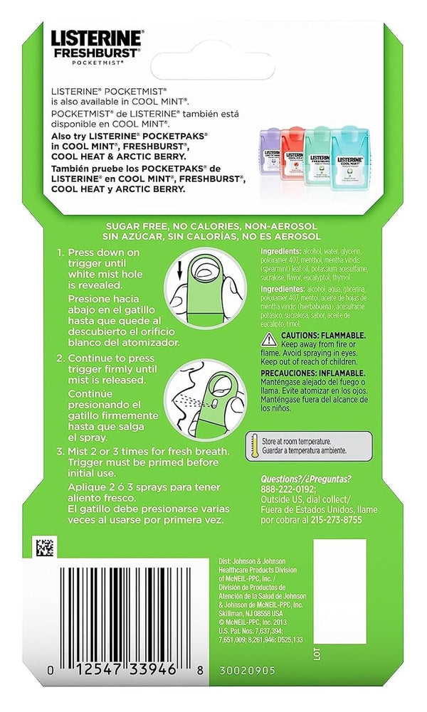 Listerine Freshburst Pocketmist Oral Care Mist, Spearmint Flavor, 7.7 mL | Non-Aerosol Sugar-Free Breath Refresher Spray