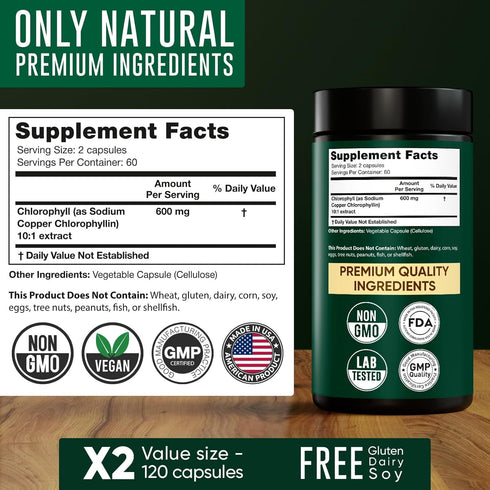 Chlorophyll Capsules 600 mg - Natural Chlorophyll Pills for Women & Men, BioAvailable Supplement for Energy, Immunity,