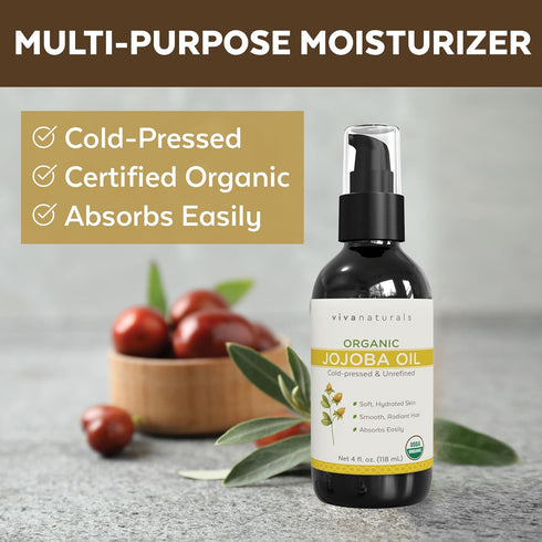 Viva Naturals Organic Jojoba Oil - Pure Cold-Pressed for Skin and Hair, USDA Certified, 4 fl. oz