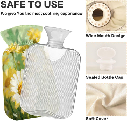 miaozhen 2L Daisy Flower Oil Painting hot Waterbottle with Soft Cover hotwater Bag for Pain Relief Menstrual Cramps
