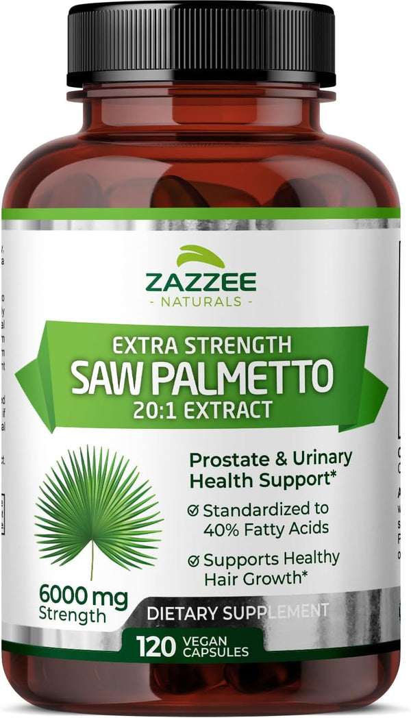 Zazzee Extra Strength Saw Palmetto 6000 mg Extract, 120 Vegan Capsules, 40% Fatty Acids, Non-GMO, Made in the USA