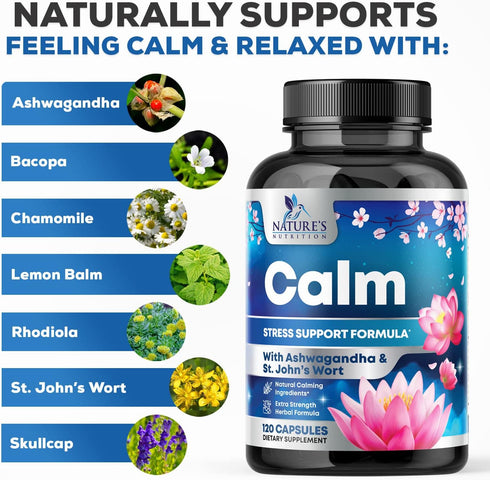 Natural Calm Unwind & Relax Support with Ashwagandha, GABA, Magnesium, 120 Vegan Capsules
