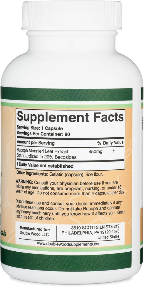 Bacopa Monnieri Capsules 20% Bacosides 450mg - Memory Supplement for Brain Health, 90 Count