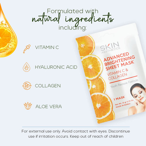 Vitamin C & Collagen Sheet Face Mask - Hydrating, Reduces Wrinkles & Age Spots, Cruelty Free Korean Skin Care (5 Masks)