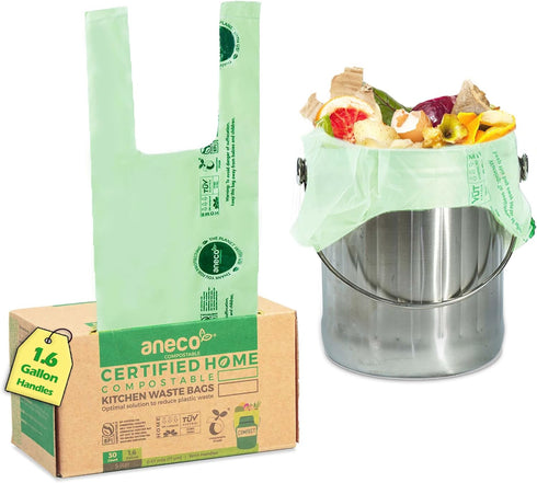 ANECO 100% Compostable Food Waste Bags, 1.6 Gallon with Handles, 30 Count, BPI Certified