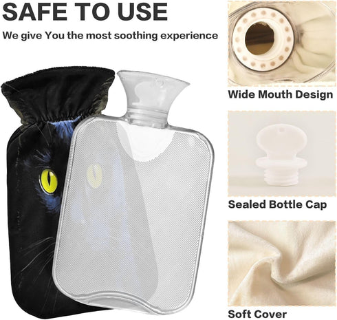 YETTASBIN 2L Black Cat Hot Water Bottle, Transparent Leakproof Hot Water Bag Washable Heat Resistant Water Bottle