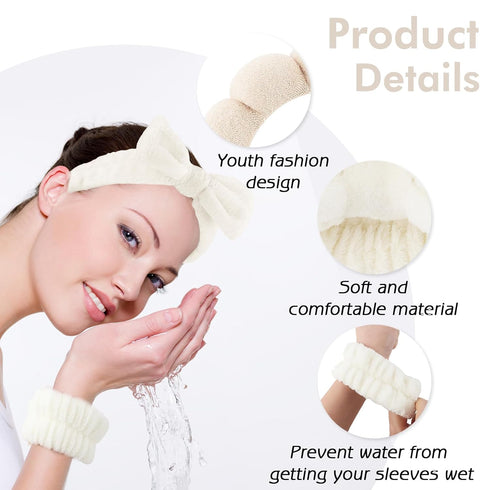 4Pcs Spa Headband Set for Women, Soft Terry Cloth Makeup Skincare Bubble Headband, Non Slip Hair Accessory Beige