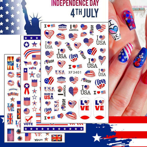 4th of July Nail Art Stickers, American Independence Day Design with Lips Flag Hearts Flame Shape for Women Girls
