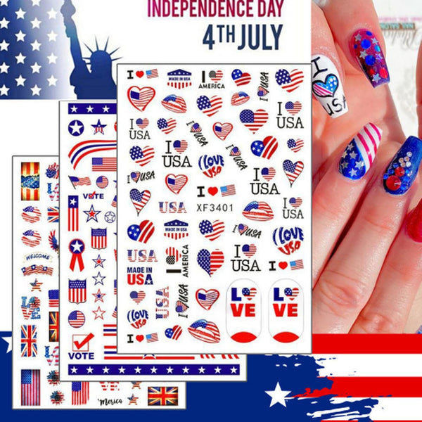 4th of July Nail Art Stickers, American Independence Day Design with Lips Flag Hearts Flame Shape for Women Girls