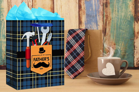 WaaHome Large Fathers Day Gift Bag with Handle 13''x10.5''x5.8'' and Tissue Paper for Dad, Daddy, Grandpa