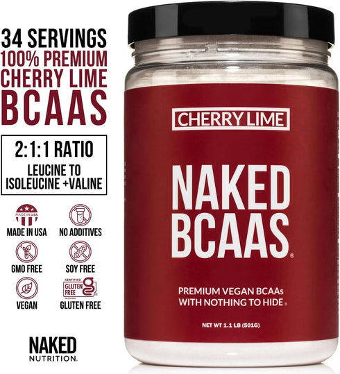 Cherry Lime Naked BCAAs Powder - 100% Pure Vegan 2:1:1 Formula, 501 Grams