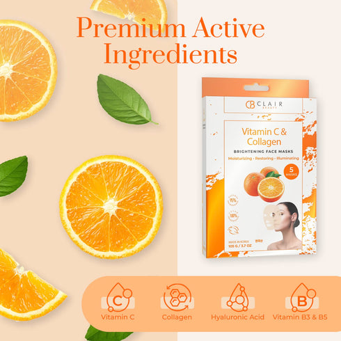 Vitamin C and Collagen Sheet Face Mask - Diminishes Fine Lines, Lifts & Hydrates Skin, Cruelty Free Korean Care