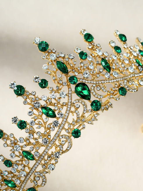 SWEETV Green Gold Tiara Crown - Crystal Hair Accessories for Women & Girls, Queen Crown for Quinceanera, Prom