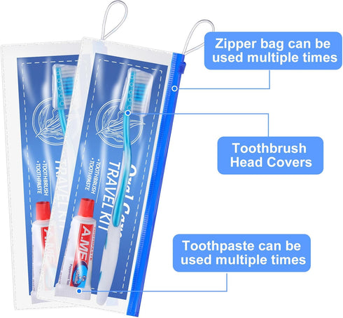 30 Set Travel Kit Toothbrush and Cover Bulk with Soft Bristles, Toothpaste, Resealable Bag for Charity, Hotel, Home