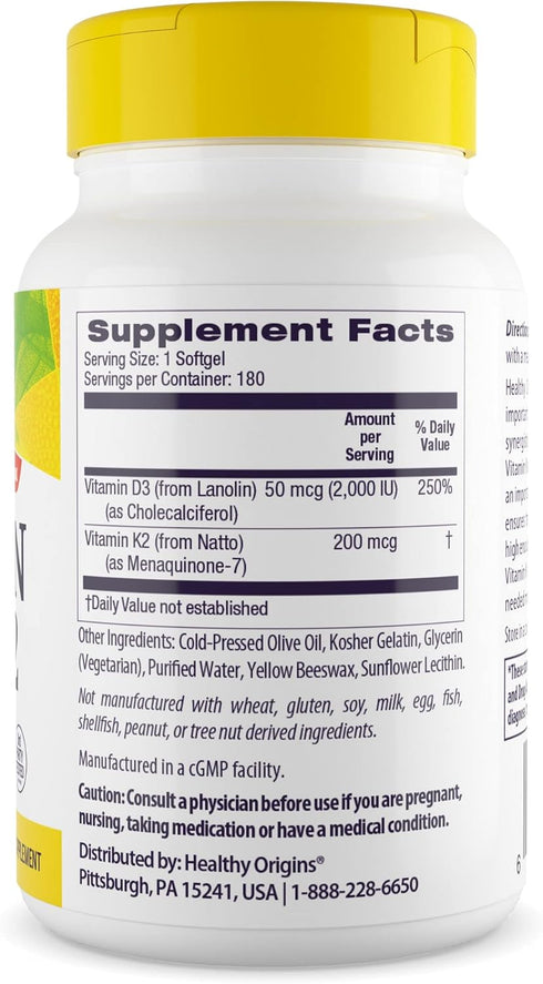 Healthy Origins Vitamin D3 & K2 Supplements, 50 mcg D3, 200 mcg K2, Non-GMO & Gluten-Free, 60 Softgels